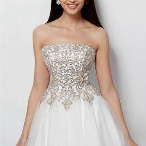 JVN by Jovani Off-White White and Gold Embellished Strapless Maxi Gown